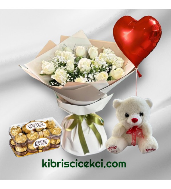 15 Beyaz Gül Buketi Ayıcık 16'lı Ferrero Çikolata Kalp Helyum Balon